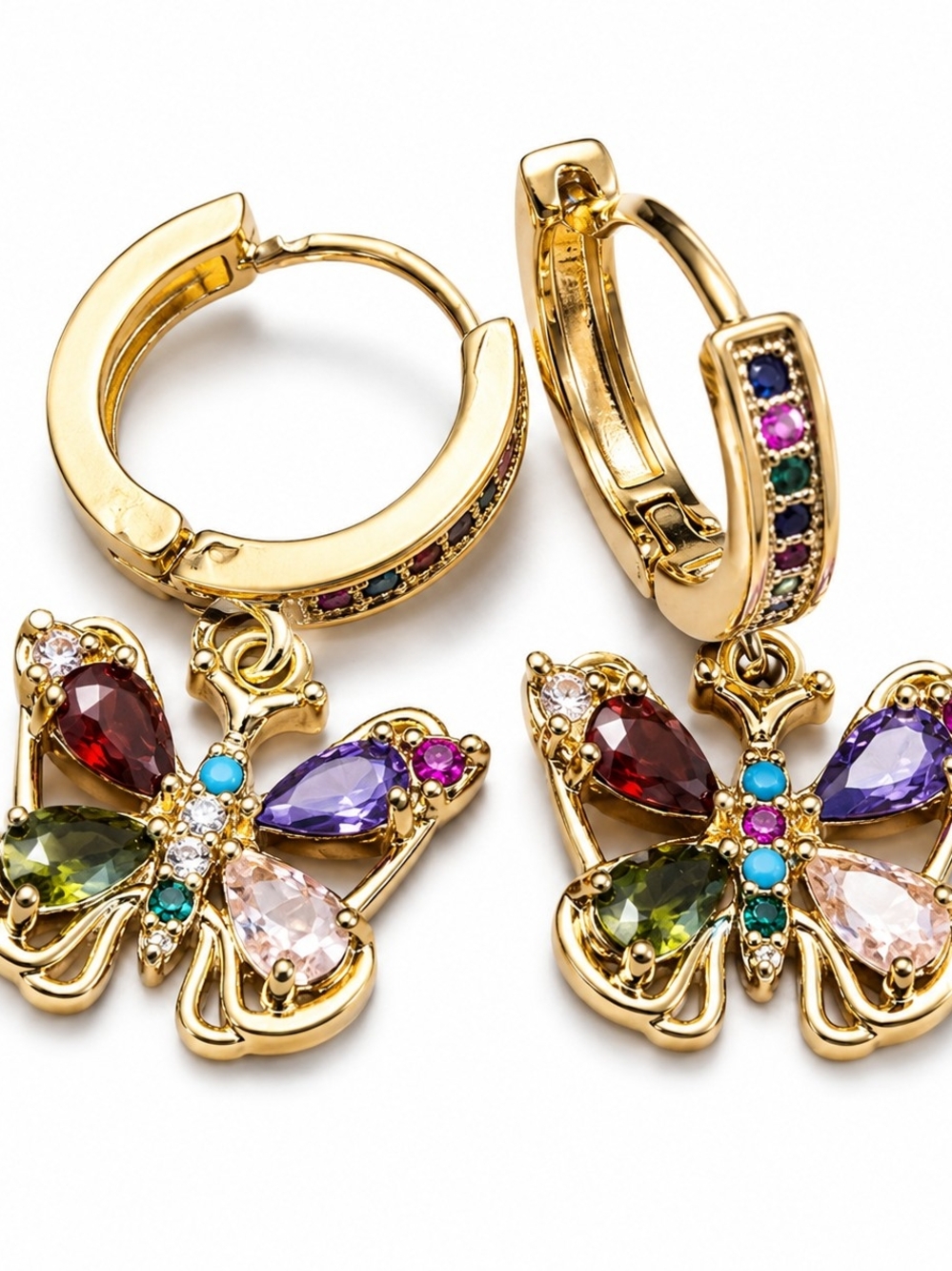 Gold Laminated Multicolor Butterfly Charm Hoop Earrings